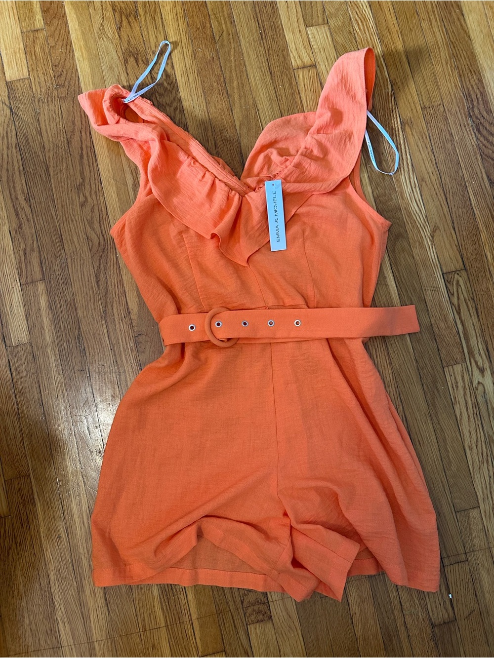 Women’s Orange Ruffle Belted One-Piece Romper